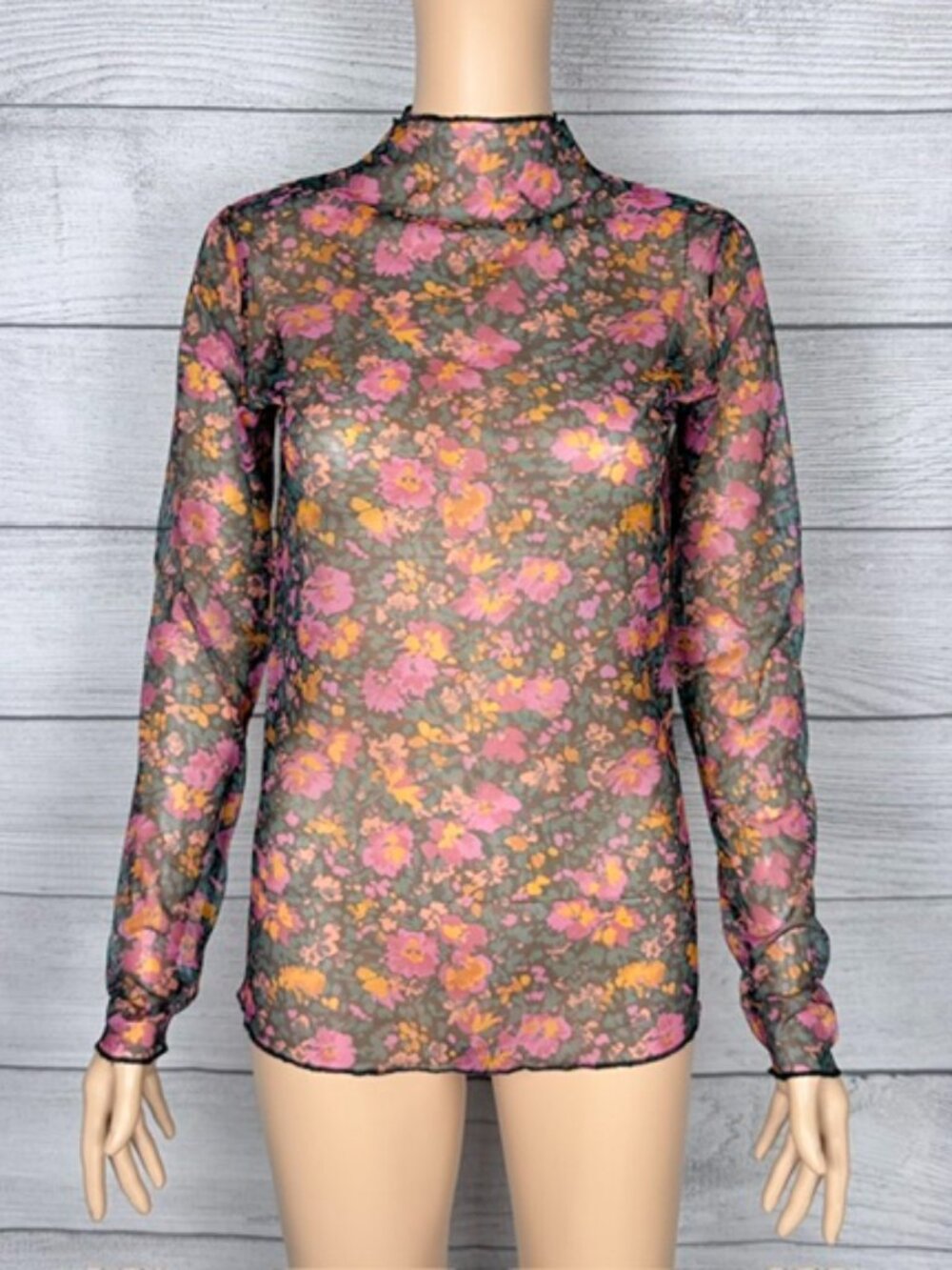 🩷SAGE + FIG Floral Mesh Mock Neck Long Sleeve Top Size M